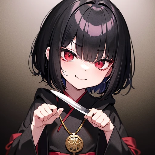 Little kid anime girl with short black hair and red eyes and a long sleeve black hooded ancient Japanese cloak with heavy blood stains and black ancient Japanese pants and wearing a gold medallion with an evil smirk and her head tilted to the right a little holding a knife in her right hand with blood stains on her face in a ancient Japanese city at night