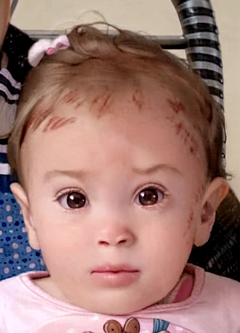 there is a baby that is sitting in a stroller, brown hair and large eyes, beautiful huge-eyed, short brown hair and large eyes, Alexa Grace, huge adorable eyes, marks on your face, she has a cute and expressive face, rosy cheeks, serious expression, with beautiful passionate eyes, large eyes with visible pupils, valentine shuffle, huge-eyed