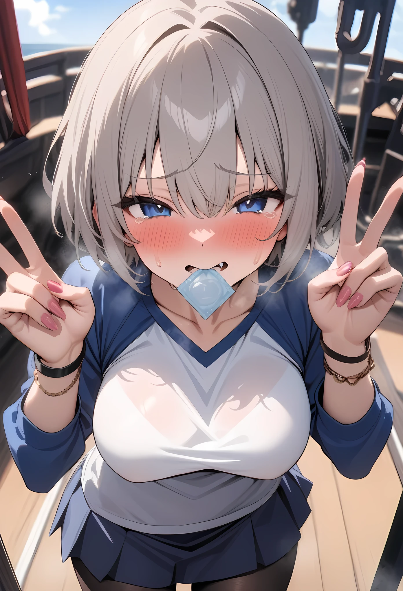 masterpiece, best quality, very aesthetic, absurdres, newest,1girl,upper body,Condom in mouth, double V gesture,blush,tear in eyes,white_sweat in face,embarrassed,cum,,uzaki_hana, uzaki-chan_wa_asobitai!,black_pantyhose, blue_eyes, blue_skirt, blue_sleeves, bracelet, breasts, fang, grey_hair,jewelry, miniskirt, nail_polish, pantyhose, pink_nails, raglan_sleeves, shirt, short_hair, skirt, white_shirt with red printed,,on a ship