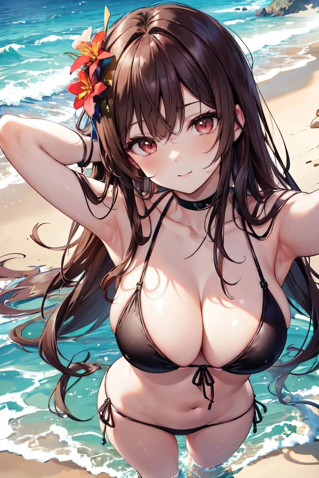 anime, Beautiful Face, Highly detailed face, (two exact legs:1.0), Red fine eyes, Flower Eyes, Highly detailed beach background, Perfect lighting, Best lighting, One girl, alone, Hu Tao, Genshin Impact, Outdoor, At the Beach, (Beautiful brown hair:1.2), Absurd, High resolution, Super sharp, 8K, masterpiece, View your viewers, Loving smile, break (Detailed sexy beach bikini:1.3), (Complicated Race:1.2), (Place your hands behind your head:1.2), Very close up
