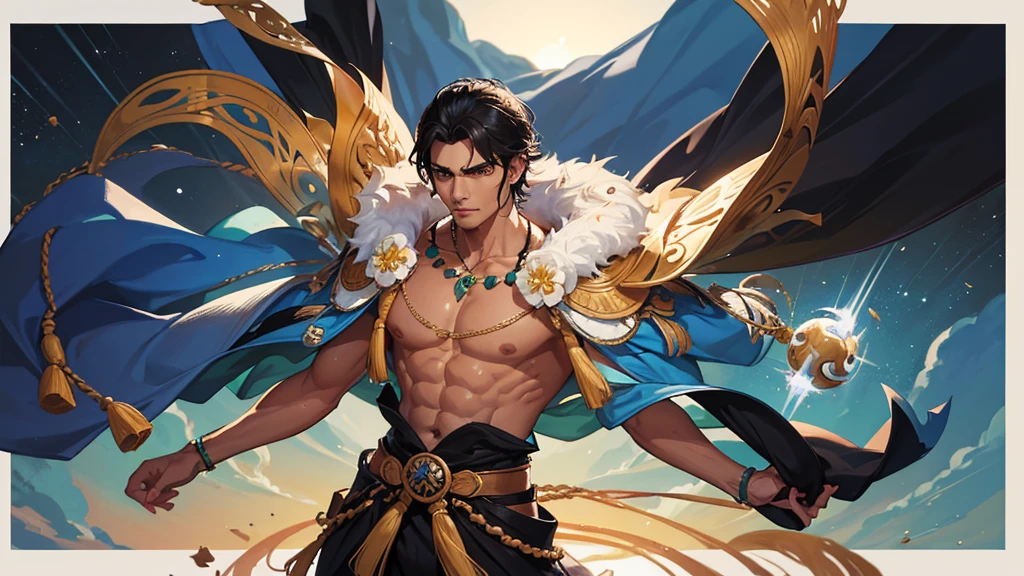 He is an adult indigenous man with Mexican features, and sun-kissed brown skin. His short black hair contrasts with his intense, expressive dark eyes. High, well-defined cheekbones complement his sharply contoured face. His pointed ears add a unique and distinctive detail to his appearance. He exudes a strong, serene presence, deeply connected to his cultural roots, Full body, master piece, perfect face.