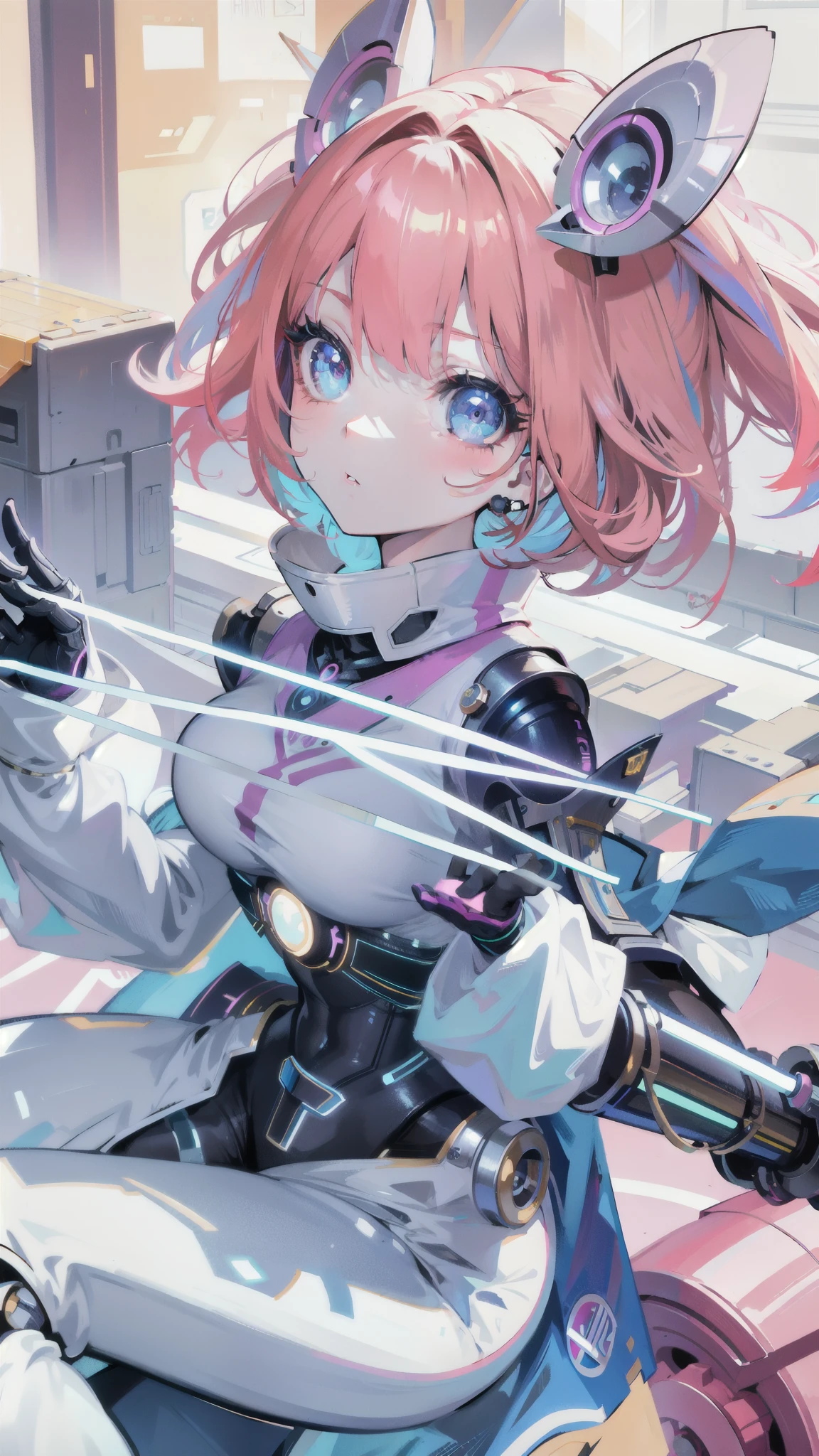 a 2D anime girl, Angela from Mobile Legends, beautiful robot doll, cute, elegant, Aspirant, robot, 1girl, detailed eyes, detailed lips, long eyelashes, beautiful detailed face, detailed mechanical body, highly detailed, photorealistic, 8k, hyper realistic, intricate details, cinematic lighting, dynamic pose, colorful and vibrant, warm colors, glowing cyberpunk neon, futuristic sci-fi