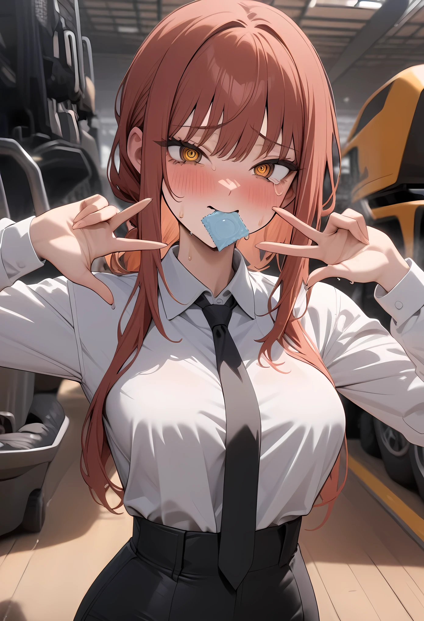 masterpiece, best quality, very aesthetic, absurdres, newest,1girl,upper body,Condom in mouth, double V gesture,blush,tear in eyes,white_sweat  in face,embarrassed,cum,,makima_(chainsaw_man),chainsaw_man,  1girl, red_hair, ringed_eyes, yellow_eyes, white_shirt, black_necktie, black_pants,  high-waist_pants, long_sleeves,,in recreational machine hall