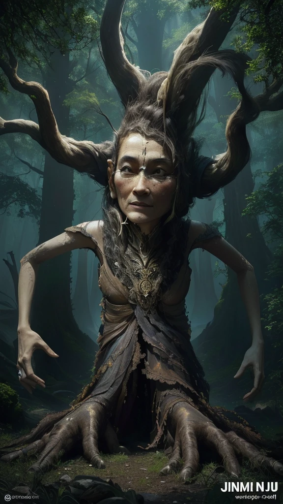 There&#39;s a digital painting of a tree with a face on it., of an evil tree wizard, Wood Druid, old humanoid Ent, Oracle of trees, Forest Spirit, People made of wood, Forest God, ent, Ent トレント ドライアド, Treebeard, Ent, Portrait of the Forest Wizard, martial artist dryad, Dryad portrait、Wood monster