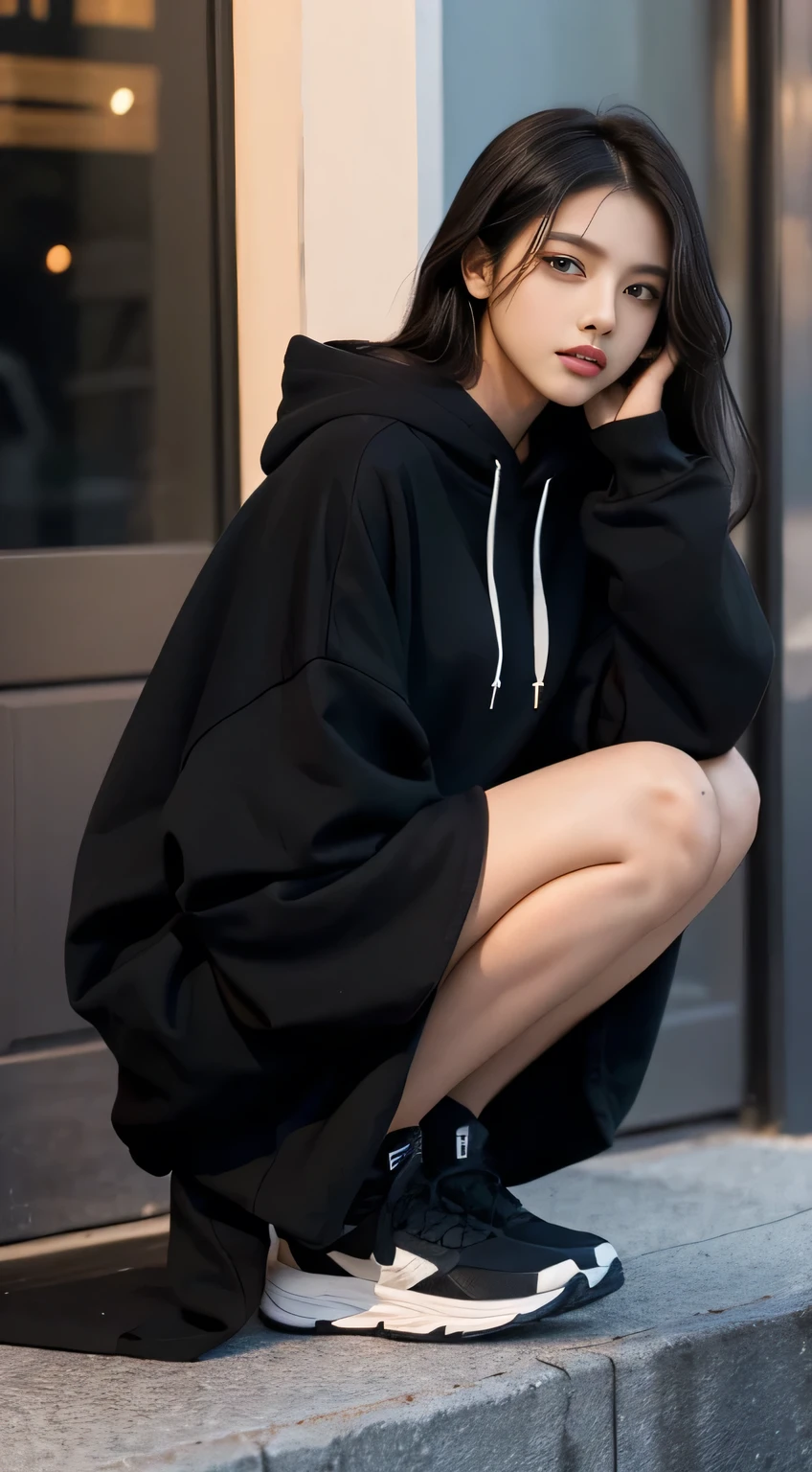 (Photorealistic),(Masterpiece),(ultra-detailed),a tall very beautiful and extremely thin girl who is literally just skin and bones because of being severely malnourished and looks so fragile and delicate and has big eyes and very small head, can see all her bones,sitting on a chair,she has very small and thin body frame and legs,extremely slender build, wearing a baggy hoodie which is just hanging on and baggy sweat pants, makeup accentuating the already large eyes, face looks like a fairy