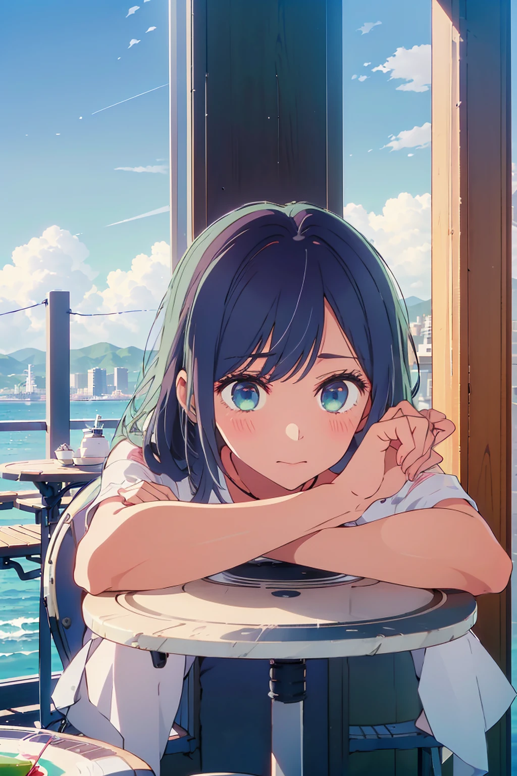 (Highest quality:1.4、8K:1.4、detailed)、F cup bust、Big Breasts、Slim body、Very white beautiful skin、((((1 person、Surprised expression、sit、Chair、In the background are the urban buildings of Tokyo、looking at the camera、Outdoor café terrace、coastal、Navy hair color、juice、White side string high leg bikini、Shooting up close、table、Very cute face))))、(Pose of putting hair behind ears with hands:1.4)、Very blue sky、A completely cloudless sky