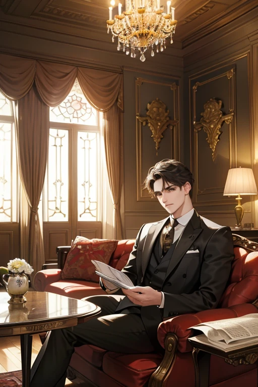 (Best Quality, 4k, high resolution, Masterpiece: 1.2), A professional man in a sharp suit and tie, holding a newspapers with serious expression, sitting on a plush armchair in a spacious, fantastical house room. The sun rays filtering through the large bay windows illuminating the scene. His eyes are intently focused on the pages of the newspaper, a cup of hot coffee resting on the side table.
A magnificent chandelier hangs above, casting a warm glow on the man and the room. The walls are adorned with intricate patterns and golden trimmings. An ornate fireplace crackles gently in the background, adding to the co
