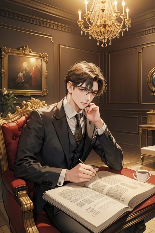(Best Quality, 4k, high resolution, Masterpiece: 1.2), A professional man in a sharp suit and tie, holding a newspapers with serious expression, sitting on a plush armchair in a spacious, fantastical house room. The sun rays filtering through the large bay windows illuminating the scene. His eyes are intently focused on the pages of the newspaper, a cup of hot coffee resting on the side table.
A magnificent chandelier hangs above, casting a warm glow on the man and the room. The walls are adorned with intricate patterns and golden trimmings. An ornate fireplace crackles gently in the background, adding to the co