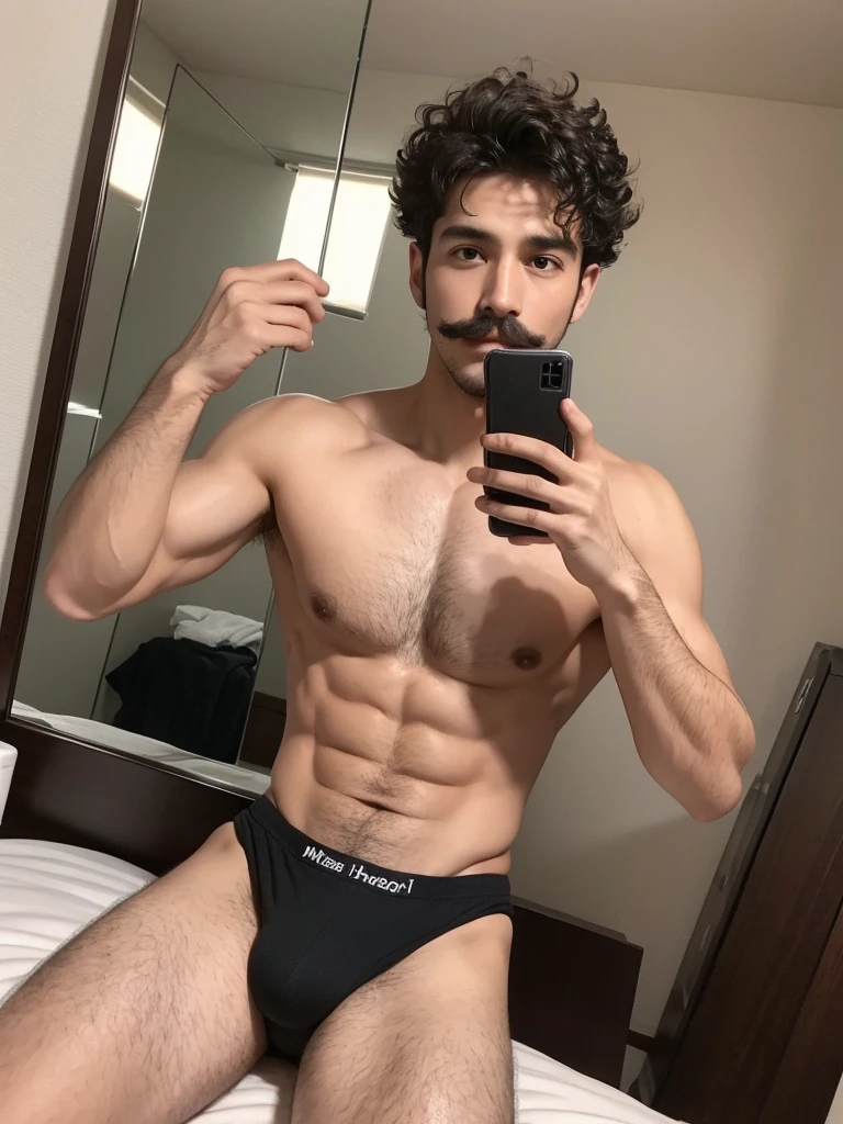 Handsome man , light mustache, hot muscular body , medium curly hair , mirror selfie, best quality like its taken by iPhone 12 , wearing black baggy brief lying on bed