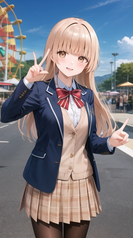 masterpiece, best quality, highres, aamahiru, long hair, red bowtie, blue jacket, blazer, long sleeves, plaid skirt, brown skirt, pantyhose, peace sign, amusement park, smile, standing