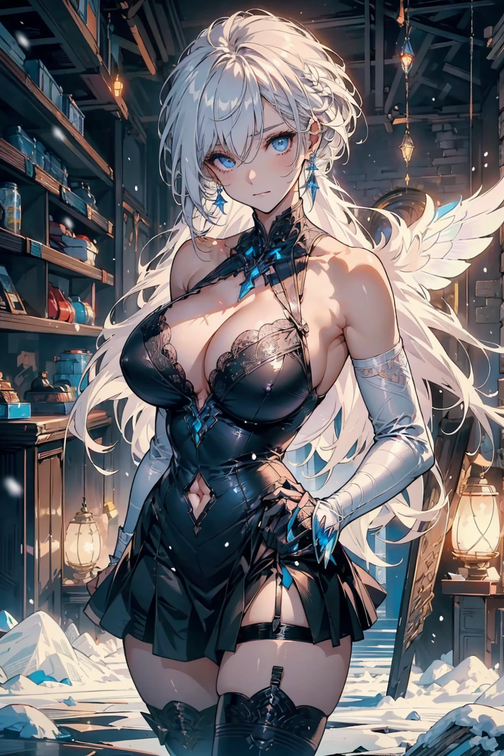 (masterpiece )), (Top quality), (best quality), ((Extremely detailed, 8K picture quality)), aesthetics, light, (Detailed line art),
rest,
Dark Elves女孩, Imperial Water, A magician, ((Black ta)), tape、Black knee socks、Silver earrings,Lace tights、Over the knee boots、(Mysterious magic array:1.2),blue glow, (Frost wings), ((Powerful ice magic)),((icicle)),Towering above the landscape,Blue light cold light,((Ice storms)),wind,((Flying snow ice and snow)), Dynamic Angle,
rest,
Very detailed (Dark Elves), (1 Girl), Perfect face, Eye for detail, Bob Haircut, Bangs, (Hair between the eyes), Blonde White Hair, (Violet eyes), eyelash, Eyeshadow, pink Eyeshadow, A faint smile, Artgerm's Art of Design, By Kavasi, author:Yoshitaka Amano,
rest,
((Perfect anatomical structure)), Good shape, Medium breasts, Extremely delicate fingers, best hands, Perfect face, Pretty Face, beautiful eyes, Perfect eyes, Perfect fingers, Correct anatomy, huge , Crazy breast swelling, Chest larger than shoulder blades, Big breasts and thin waist,(huge breasts:1.2),Hydrated skin((rogue))((非常huge乳房)),((Grooves reveal original skin))
