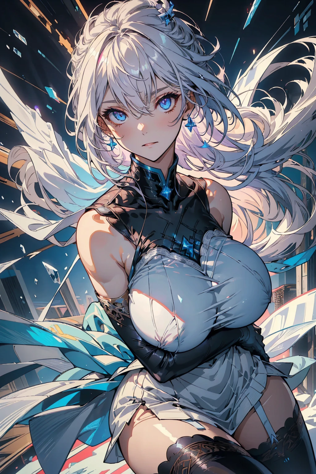 (masterpiece )), (Top quality), (best quality), ((Extremely detailed, 8K picture quality)), aesthetics, light, (Detailed line art),
rest,
Dark Elves女孩, Imperial Water, A magician, ((Black ta)), tape、Black knee socks、Silver earrings,Lace tights、Over the knee boots、(Mysterious magic array:1.2),blue glow, (Frost wings), ((Powerful ice magic)),((icicle)),Towering above the landscape,Blue light cold light,((Ice storms)),wind,((Flying snow ice and snow)), Dynamic Angle,
rest,
Very detailed (Dark Elves), (1 Girl), Perfect face, Eye for detail, Bob Haircut, Bangs, (Hair between the eyes), Blonde White Hair, (Violet eyes), eyelash, Eyeshadow, pink Eyeshadow, A faint smile, Artgerm's Art of Design, By Kavasi, author:Yoshitaka Amano,
rest,
((Perfect anatomical structure)), Good shape, Medium breasts, Extremely delicate fingers, best hands, Perfect face, Pretty Face, beautiful eyes, Perfect eyes, Perfect fingers, Correct anatomy, huge , Crazy breast swelling, Chest larger than shoulder blades, Big breasts and thin waist,(huge breasts:1.2),Hydrated skin((rogue))((非常huge乳房)),((Grooves reveal original skin))