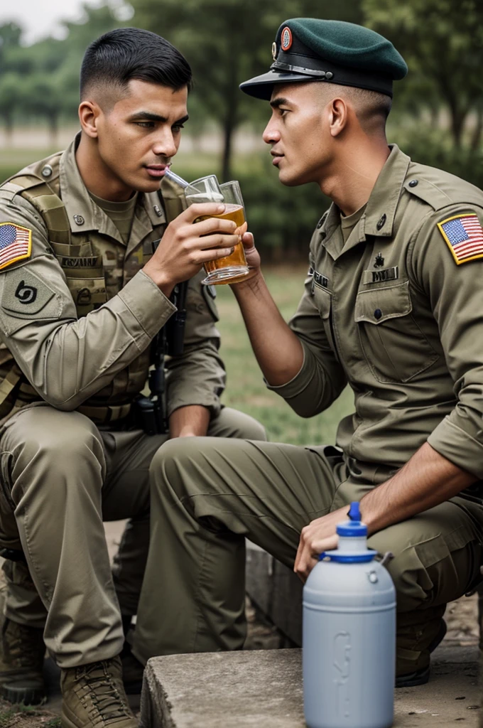 A soldier with his civilian friend drinking in a canteen