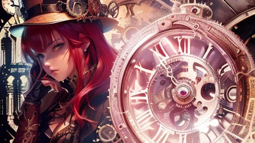 anime girl with red hair and a hat and a clock, steampunk imagery themed, steampunk digital art, vivid steampunk concept, digital steampunk art, magic and steam - punk inspired, ornamental gothic - cyberpunk, clockpunk, steampunk illustration, steam-punk illustration, clockwork woman, inspired by Ben Templesmith, set in a steampunk world, inspired by Mark Brooks, detailed cover artwork