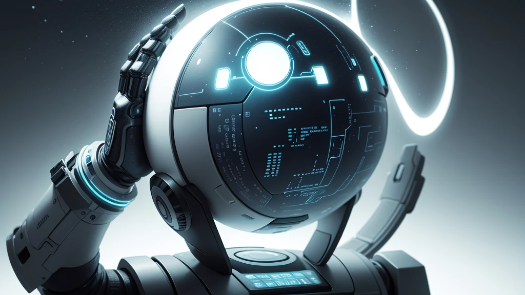"Generate an illustration of AIOT (Artificial Intelligence of Things) smart connectivity. The background should feature an AI robotic arm with its palm facing up, holding a monochromatic, sci-fi styled globe above it, representing information security. The image should depict automation, remote control, and integration. It should emphasize technology, innovation, and convenience in daily life. No text should be included in the image. The photo style should be minimalistic, bright, naturally colored, and have a sci-fi touch."