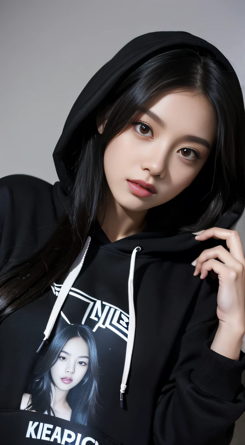 8K, Top Quality, Intricate Details, Ultra Detail, Ultra High Resolution, Masterpiece, close up shot, Slender, Smile, (Makeup: 0.4), (Fluffy Blue Eyes: 1.21), blue Eyes, looking at viewer, (()), 1girl, solo, 1 girl, (( full body)), , , ((tall)), (((fit body))), (((slim face))), sharp face, sharp eyes, (((black hair, long hair,, )) , (detailed face), sharp face, small lips, standing Crossing Ankles,
((open black hoodie )), ((detail belly )), detail fingers, detail hands, detailed face, detailed breast, , large breast, detail ass, , Beautiful girl with accentuated slender abs: 1.4, Six Pack Abs: 1.4, Bust Botox, Big, Perfect Body, (( dark background)), black background,