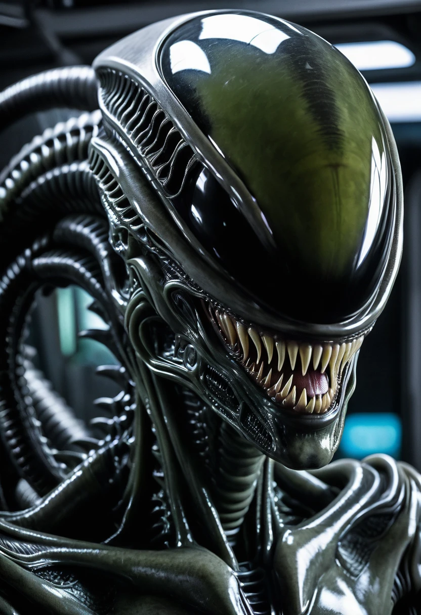 (((Extremely close-up frontal images Xenomorph Alien the eighth passenger surreal and cinematographic images Color Splash images)))