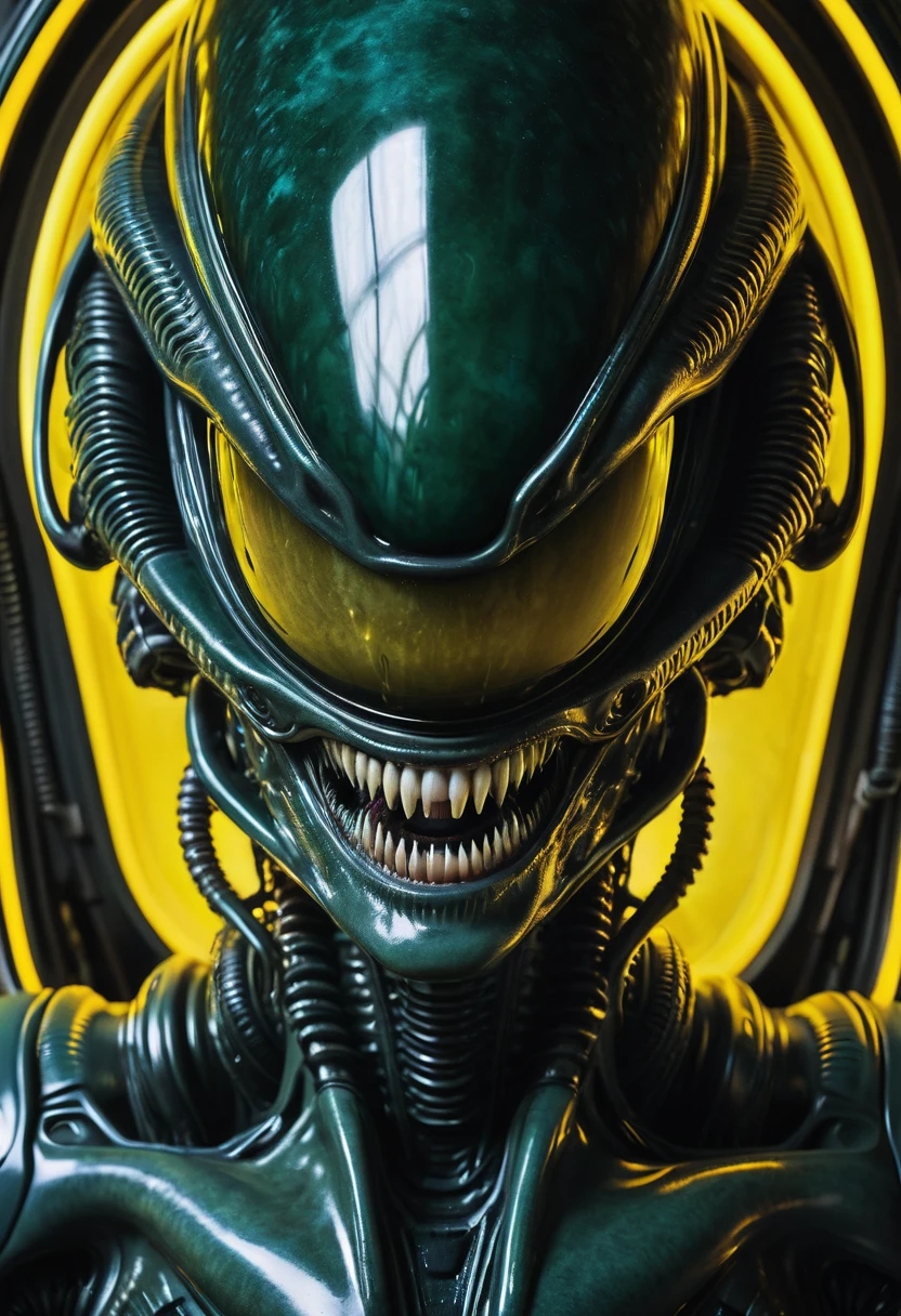 (((Extremely close-up frontal images Xenomorph Alien the eighth passenger surreal and cinematographic images Color Splash images)))