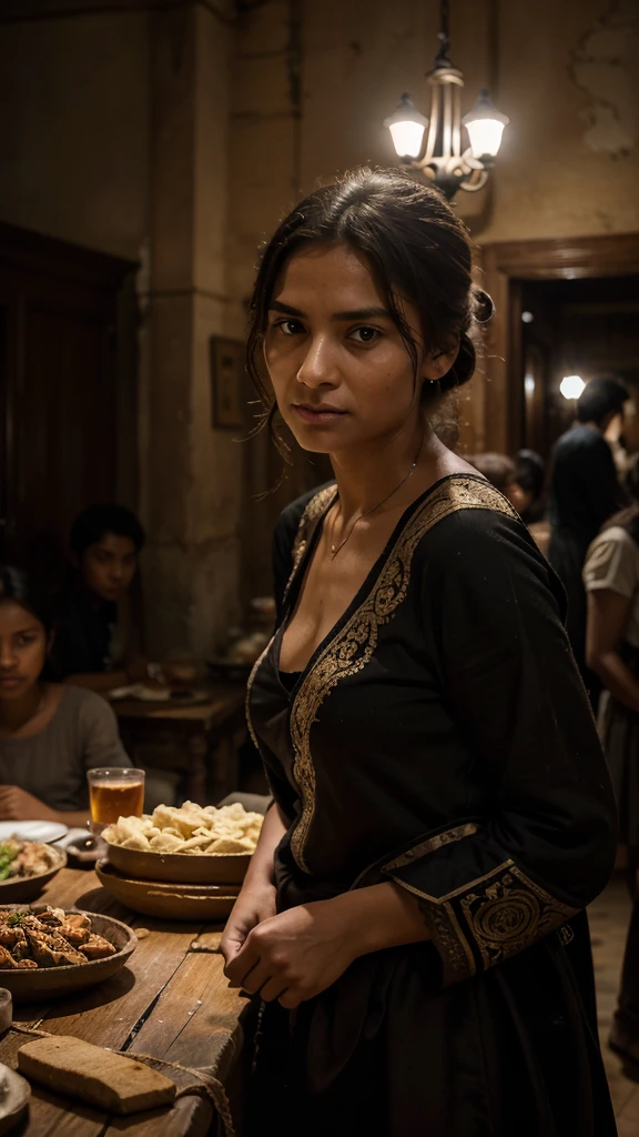 an individual facing a group of orphans, with a facial expression that shows indifference or even scolding them. In the background, you can see a dining table filled with sumptuous dishes, but there is no sign that the food was distributed to poor people in need. The dim light creates an atmosphere that reinforces the impression of arrogance and disinterest in their needs. very real, high resolution, 8k resolution, intricate details,