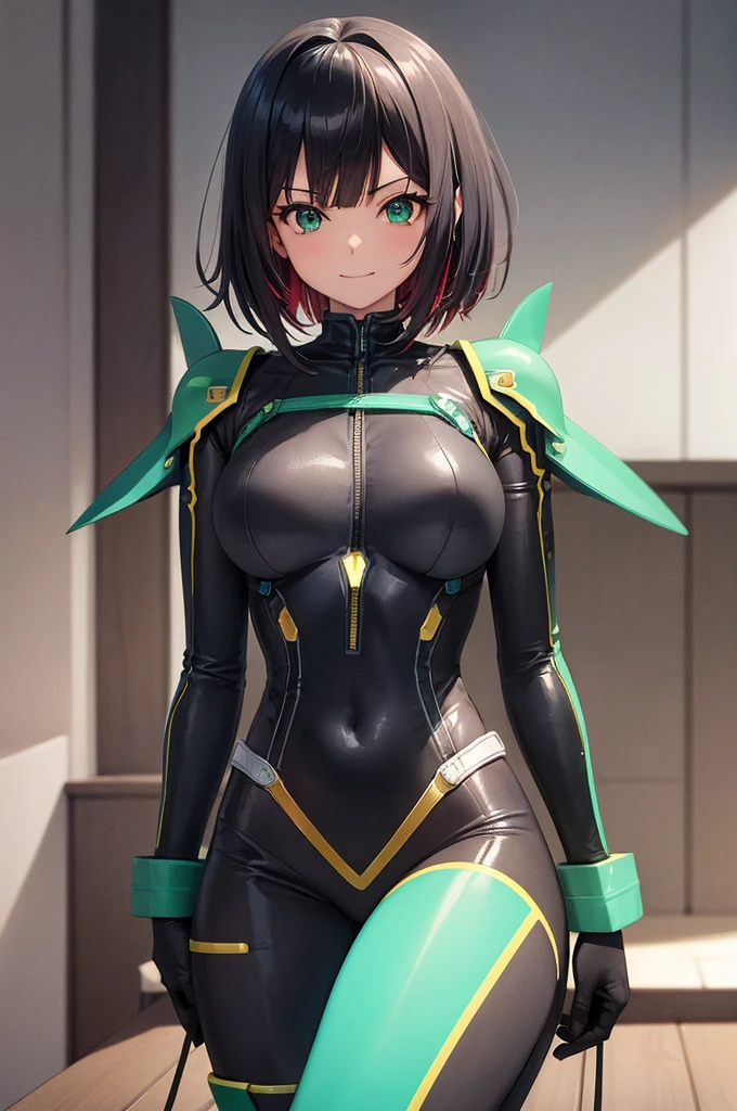 (Highly detailed CG), (Highest quality), One girl,Solo perfect face, Shiny skin, Shiny skin, Wide Hips, Tight waist, 仮面ライダーZero Two, Zero Two, Rider Belt, Green armor, Bodysuits, Green armor,gloves, black Bodysuits, red gloves HeroineIzu ,,Aqua Eye, Green Hair,Multicolored Hair,Humagia_Headphones,Black Hair, bangs, short hair, ,indoor,with own hands, smile,
