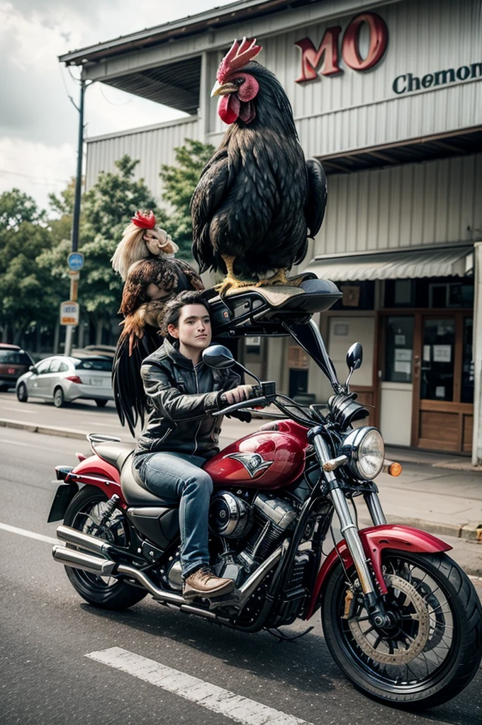 there are two chickens standing on the back of a motorcycle, rooster!!!!, chicken on top of a car,infernal!!!, riding a motorcycle, riding on the road, motorcycles, chickens, sitting on a motorcycle, rooster, the king of rooster, anthropomorphized chicken, chrome motorcycle parts, photo shot, motorcycle, inspired by Hendrick Cornelisz Vroom, riding a motorbike