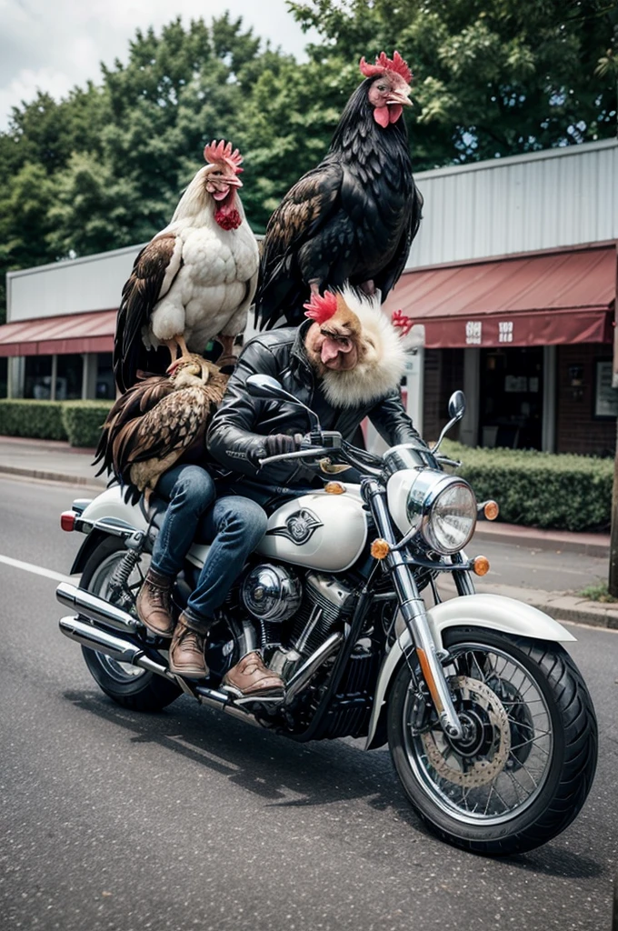 there are two chickens standing on the back of a motorcycle, rooster!!!!, chicken on top of a car,infernal!!!, riding a motorcycle, riding on the road, motorcycles, chickens, sitting on a motorcycle, rooster, the king of rooster, anthropomorphized chicken, chrome motorcycle parts, photo shot, motorcycle, inspired by Hendrick Cornelisz Vroom, riding a motorbike