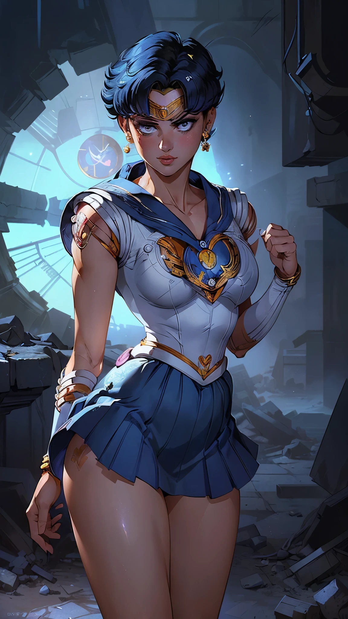 (La Best Quality,A high resolution,Ultra - detailed,actual),Selena Gomez in sailor moon mercury, ,(Ruined dungeon ruins background:1.4 ). ( SPARKLE; Glitter, (skirt lifted by itself: 1.1), (skirt lift: 1.3), (showing white panties: 1.3), More detailed 8K.unreal engine:1.4,UHD,La Best Quality:1.4, photorealistic:1.4, skin texture:1.4, masterpiece:1.8,first work, Best Quality,object object], (detailed face features:1.3),(The correct proportions),(Beautiful blue eyes),  (cowboy pose), ,(Ruined dungeon ruins background:1.4 ), (skirt lifted by itself: 1.1), (skirt lift: 1.3), (showing white panties: 1.3),( cinematic lighting :1.4), (bright colors), (Selena Gomez :1.4),( Selena Gomez V2.1), (perfect fingers :1.4), (perfect anatomy :1.4),( sailor moon mercury :1.4), (sailor moon mercurio V2.1), (face detailed :1.4) 