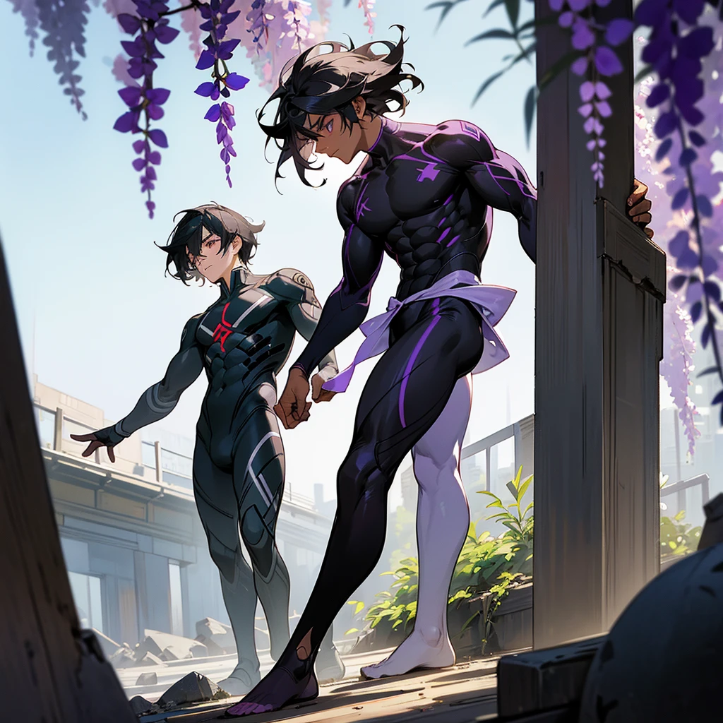 Spider-woman. Tan skin. Purple white and gold suit. Masked. Short curly hair. Muscular.