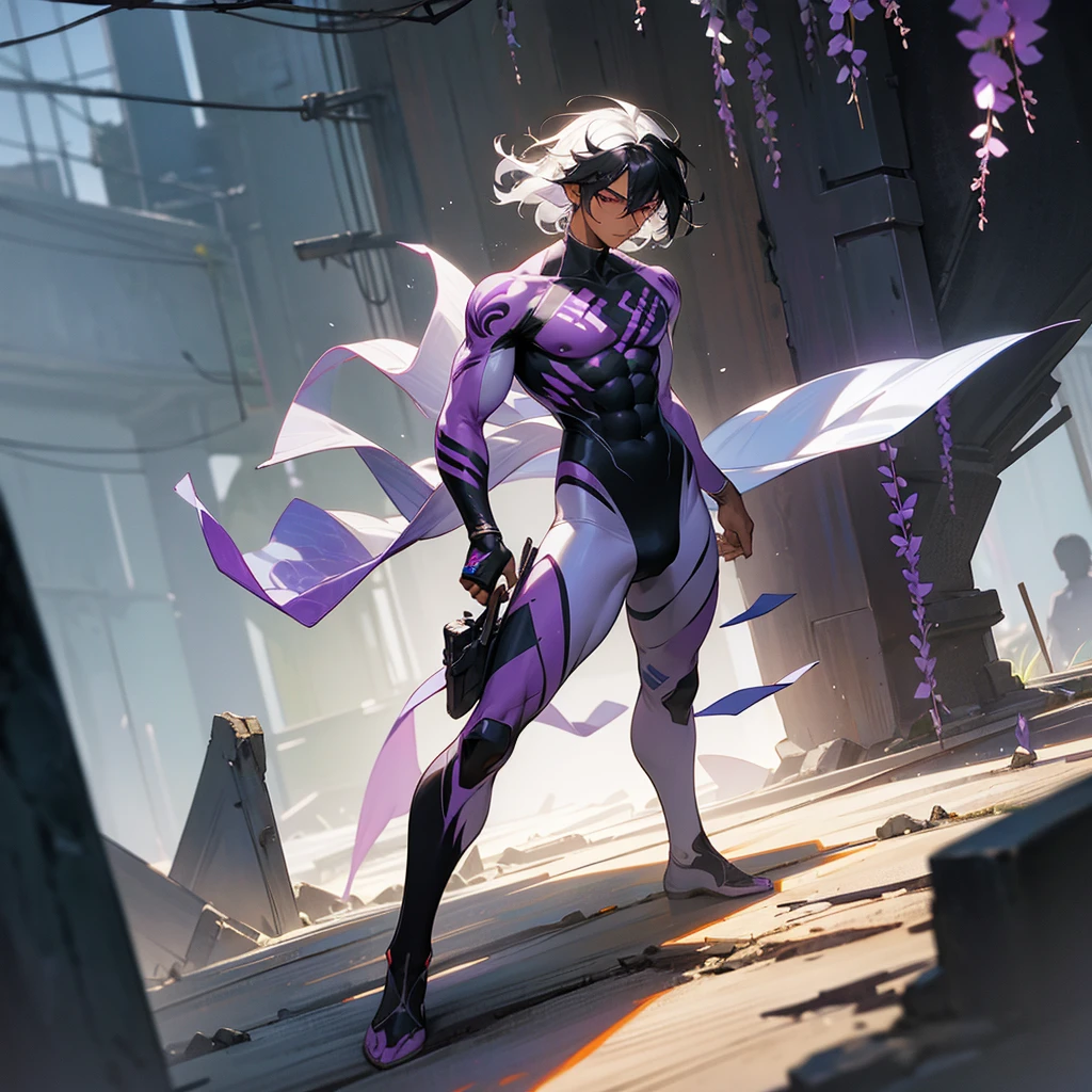1male, young adult, dark skin, finely detailed plum eyes, wild medium hair, two tone hair, black hair color, seashell white hair color, full body combat suit, standing on ruined building, day time, tokyo streets, somber expression, muscular, tattoos, wisteria flowers, scars