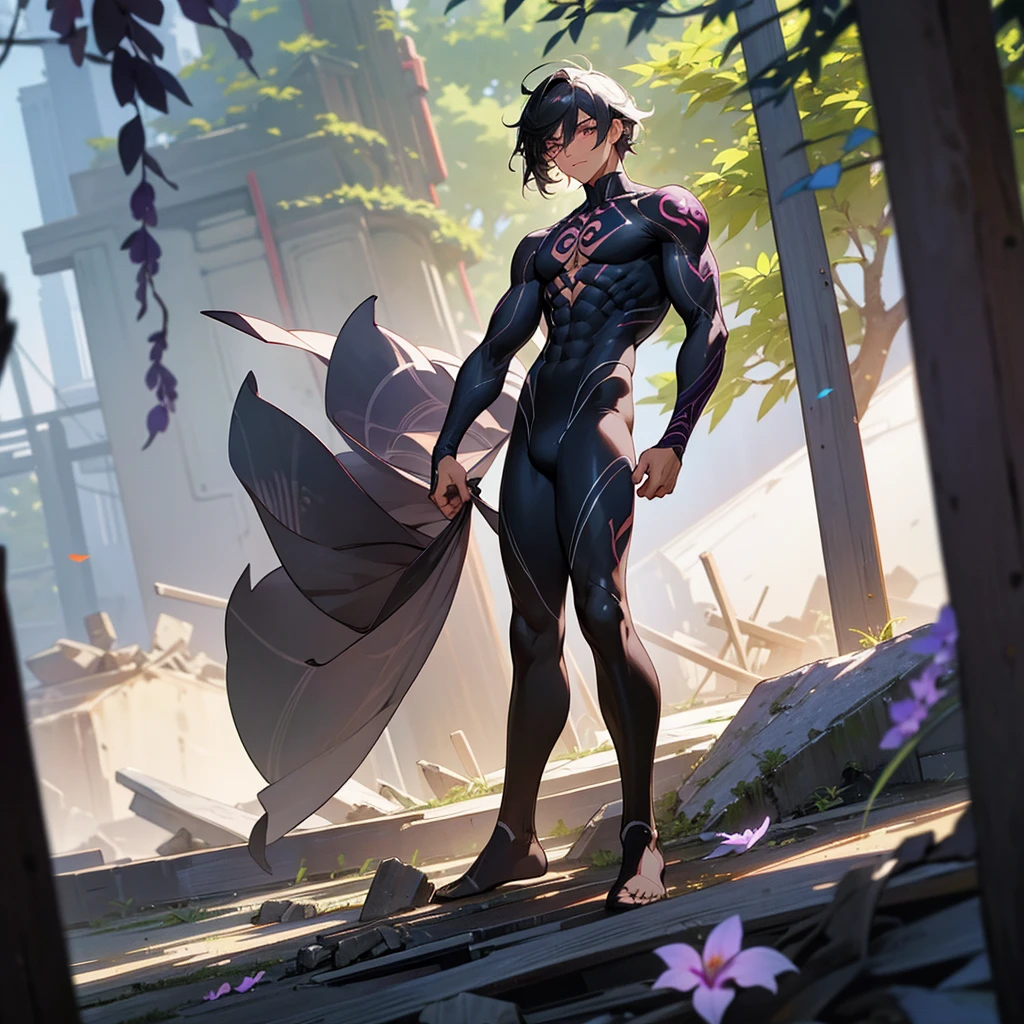 1male, young adult, dark skin, finely detailed plum eyes, wild medium hair, two tone hair, black hair color, seashell white hair color, full body combat suit, standing on ruined building, day time, tokyo streets, somber expression, muscular, tattoos, wisteria flowers, scars