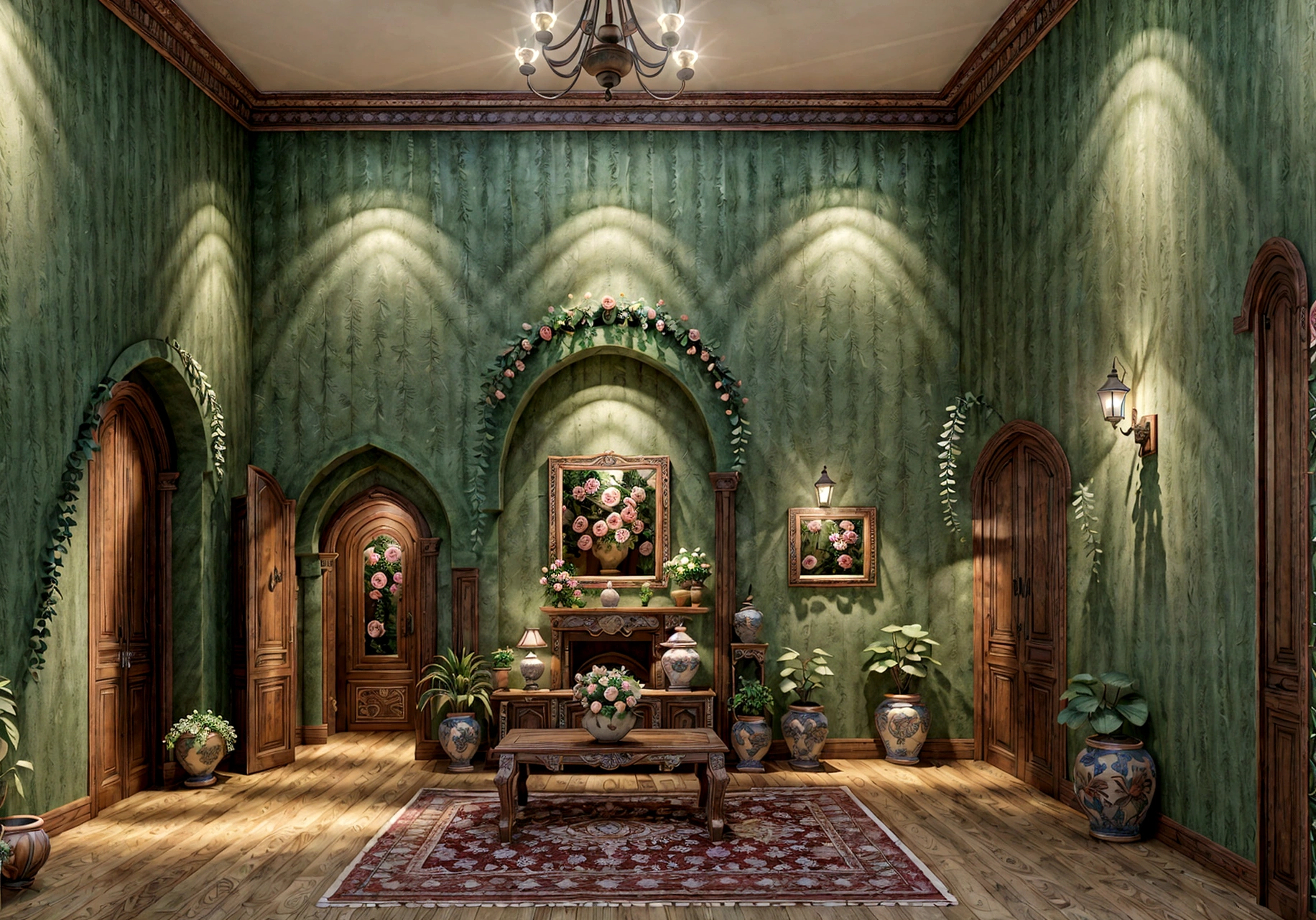 a beautifully detailed interior scene, a mediterranean style room with wall decor lights, a cabinet, roses, lush greenery, full frontal view, eye level perspective, wide panoramic shot, showcasing the entire front wall, hyper realistic, cinematic lighting, 8k, best quality, ultra-detailed, photorealistic