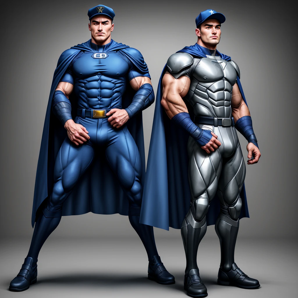 A full-body 3D male realistic model, wearing a full-body hero suit and cape in the pattern of a professional baseball uniform, a very short-haired, crew-cut, cool, dandy-looking, veteran-aged man with a shiny, sparkling blue cape that is longer than his body, gloves and a cap are always worn, an original hero, only the eyebrows, eyelashes and eyes are visible, his mouth is bandaged and sealed, the upper half of his face is bare with a sharp look in his eyes, he has six-pack abs, a muscular macho man with a sturdy body and a cool look, his legs are closed, his hands are clasped behind his back in an X shape, his whole body is bound and sealed with duct tape and he is held down. He has collapsed from exhaustion and is sleeping with his eyes closed. A coat of arms, in a dark room as the background, his whole body facing forward, backward, left and right (north, south, east and west), an image of him being restrained and mummified.