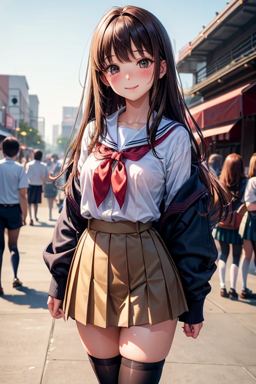 {of the highest quality], [Super beautiful], [Ultra fine], [best illustration], nsfw,Brown hair, hime cut, wide, with bangs, Girl,high school student,uniform,weave,skirt,smile, blush, Thin women, adult women,standing posture,(public),night park,summer festival,diagonal, Navy Blue Knee High Socks,Black loafers