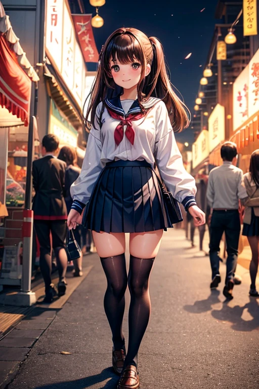 {of the highest quality], [Super beautiful], [Ultra fine], [best illustration], nsfw,Brown hair, hime cut, wide, with bangs, Girl,high school student,uniform,weave,skirt,smile, blush, Thin women, adult women,standing posture,(public),night park,summer festival,diagonal, Navy Blue Knee High Socks,Black loafers