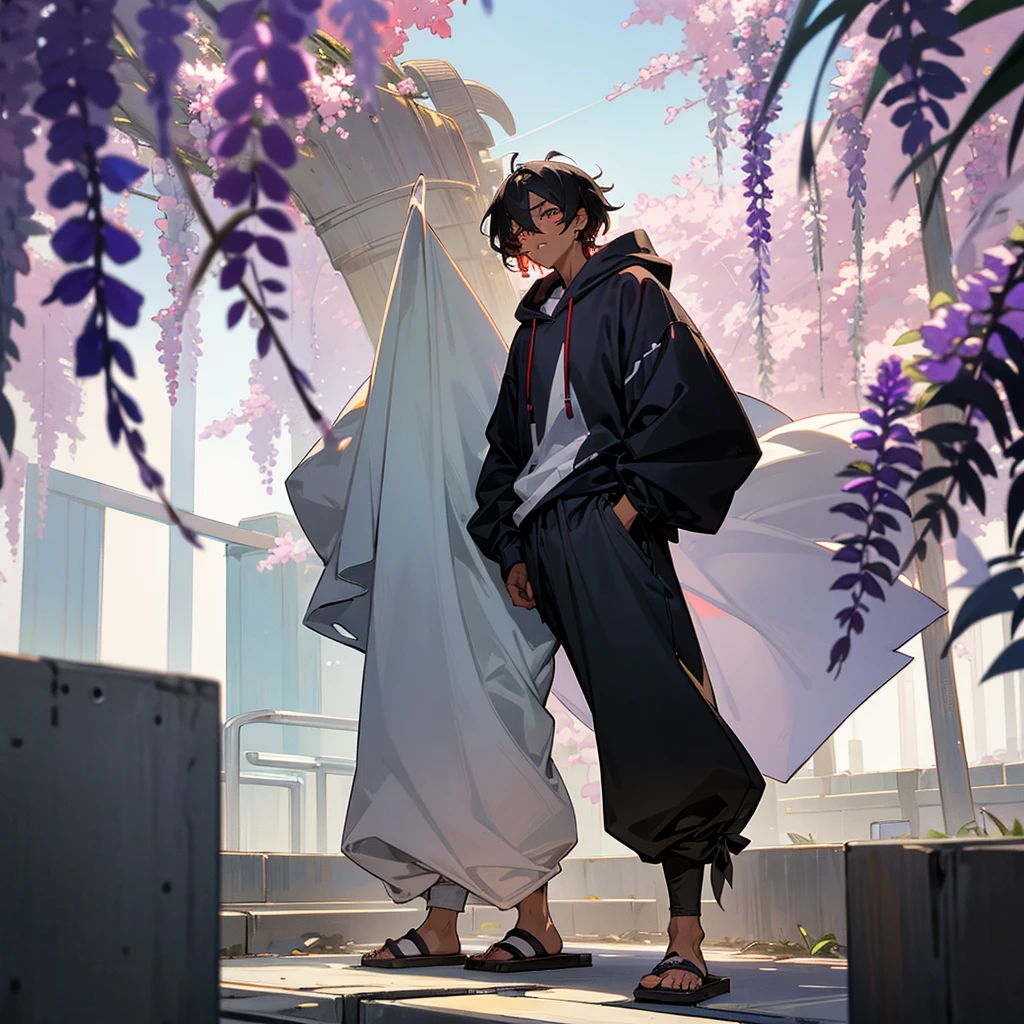 1male, young adult, dark skin, finely detailed plum eyes, wild medium hair, two tone hair, black hair color, seashell white hair color, oversized hoodie, baggy pants, standing on building, day time, tokyo streets, somber expression, muscular, tattoos, wisteria flowers, scars