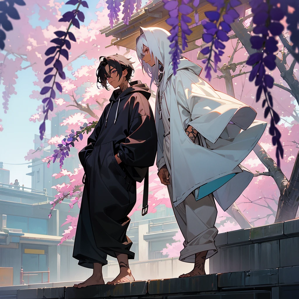 1male, young adult, dark skin, finely detailed plum eyes, wild medium hair, two tone hair, black hair color, seashell white hair color, oversized hoodie, baggy pants, standing on building, day time, tokyo streets, somber expression, muscular, tattoos, wisteria flowers, scars