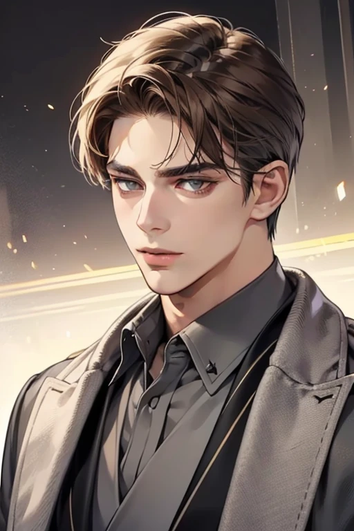 masterpiece, best quality, realistic, 1man, mature male, quiet and charming young man, 25 year old, serious look, closed mouth, portrait, extremely detailed face, cold smile, ((dark grey eyes)), ((short-right-swept dark brown hair)), [thick eyebrows], ((suit)), handsome, upper body, western, Jewish, light brown skin,