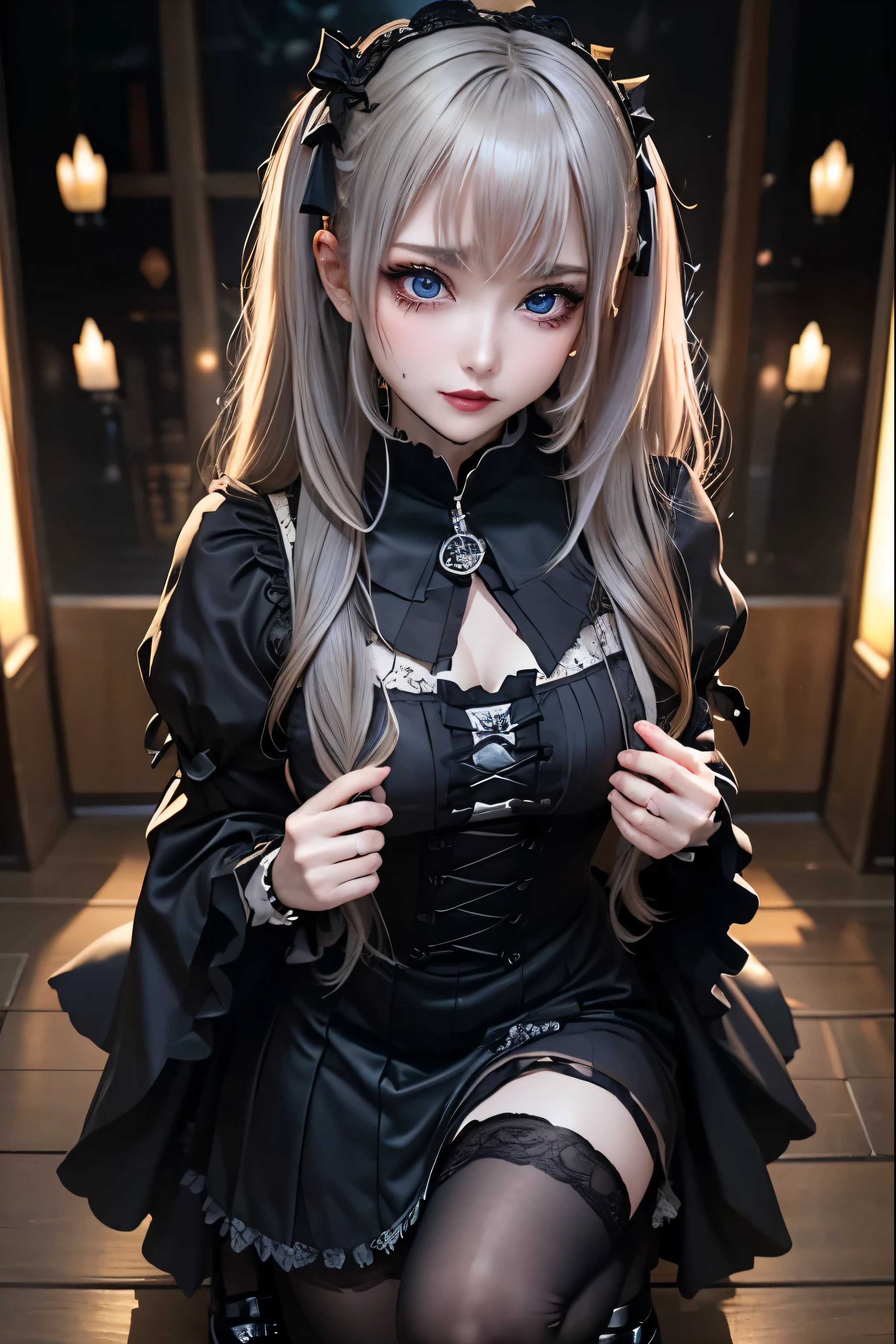 Hard Dark Gothic Makeup、Black dark eyeshadow、sad、Good skin radiance、Dark Gothicメイク、Dark smile、palace、The beauty of fragrance、24-years-old、Expression of intense sexual pleasure、Embarrassed look、Dark Gothic、Highest quality、Expression of sexual pleasure amid suffering、Drunk face、紫のMaid clothes、Mysterious、Noble、The face of someone holding it in the toilet、sexy、Loving smile、Twin tail hair、Right blue eye, Left eye is red、Super tempting pose、Platform Heel Shoes、Heavy makeup、Gothic ta clothes、Silver Hair、Long Hair Straight Hair、Cute Gothic Loliress、Beautiful Face、elegant features、Attractive face、Stained glass is the background、Chest glistening with sweat、The room is dark、goth long dress、Bell Sleeves、Wizard Sleeve、Decadent look、Sexually excited expression、Glossy thighs wet with water、Thighs that are wet and shiny with oil、Background of a room full of roses、sad expression、Rose Maiden、The embroidery is pink、The dress has pink embroidery.、Thigh-high socks、Knee-high socks、Gentle expression、Dark black eyeshadow、Stained glass and rose background、thighs are a little thin、Female Duo、Female couple、dark church background、Stained glass、Black metal world、Dark Castle、Dark Room、Slender body、gothic long dress、Victorian dress、Her thighs are shining with sweat、My body is wet and shiny、Lots of glitter on the thighs、sweating、My thighs are sticky from sweating、Sweat glistening on my thighs, The whole body is sweaty and shiny、I sweated a lot.、My thighs are sweaty、My thighs are wet、My thighs are shining with sweat、A lot of sweat glistening all over the body、Small breasts、upright、Are standing、Hold the wine in your right hand、Hold the lantern in your left hand、pantyhose、Dynamic Angle、Looking Down、