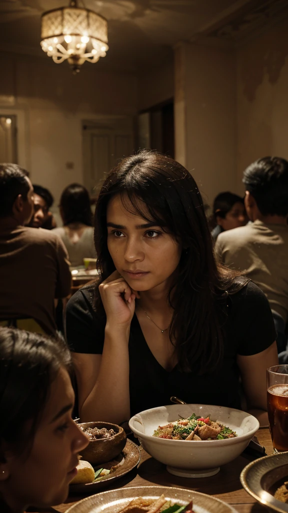 an individual facing a group of orphans, with a facial expression that shows indifference or even scolding them. In the background, you can see a dining table filled with sumptuous dishes, but there is no sign that the food was distributed to poor people in need. The dim light creates an atmosphere that reinforces the impression of arrogance and disinterest in their needs. very real, high resolution, 8k resolution, intricate details,
