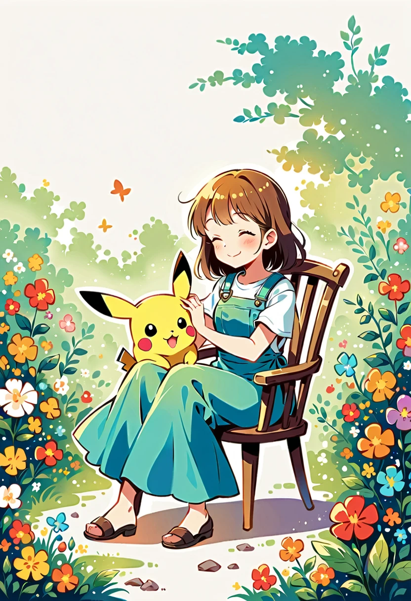 Draw a delightful illustration of Pikachu relaxing in a garden chair. Pikachu should be surrounded by blooming flowers and greenery, sitting comfortably with a smile. Include details like a watering can, garden tools, and butterflies flying around. The overall vibe should be fresh and lively.