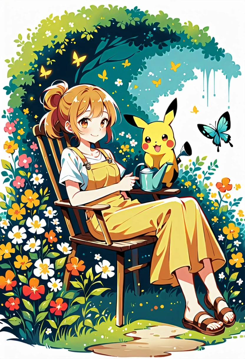 Draw a delightful illustration of Pikachu relaxing in a garden chair. Pikachu should be surrounded by blooming flowers and greenery, sitting comfortably with a smile. Include details like a watering can, garden tools, and butterflies flying around. The overall vibe should be fresh and lively.