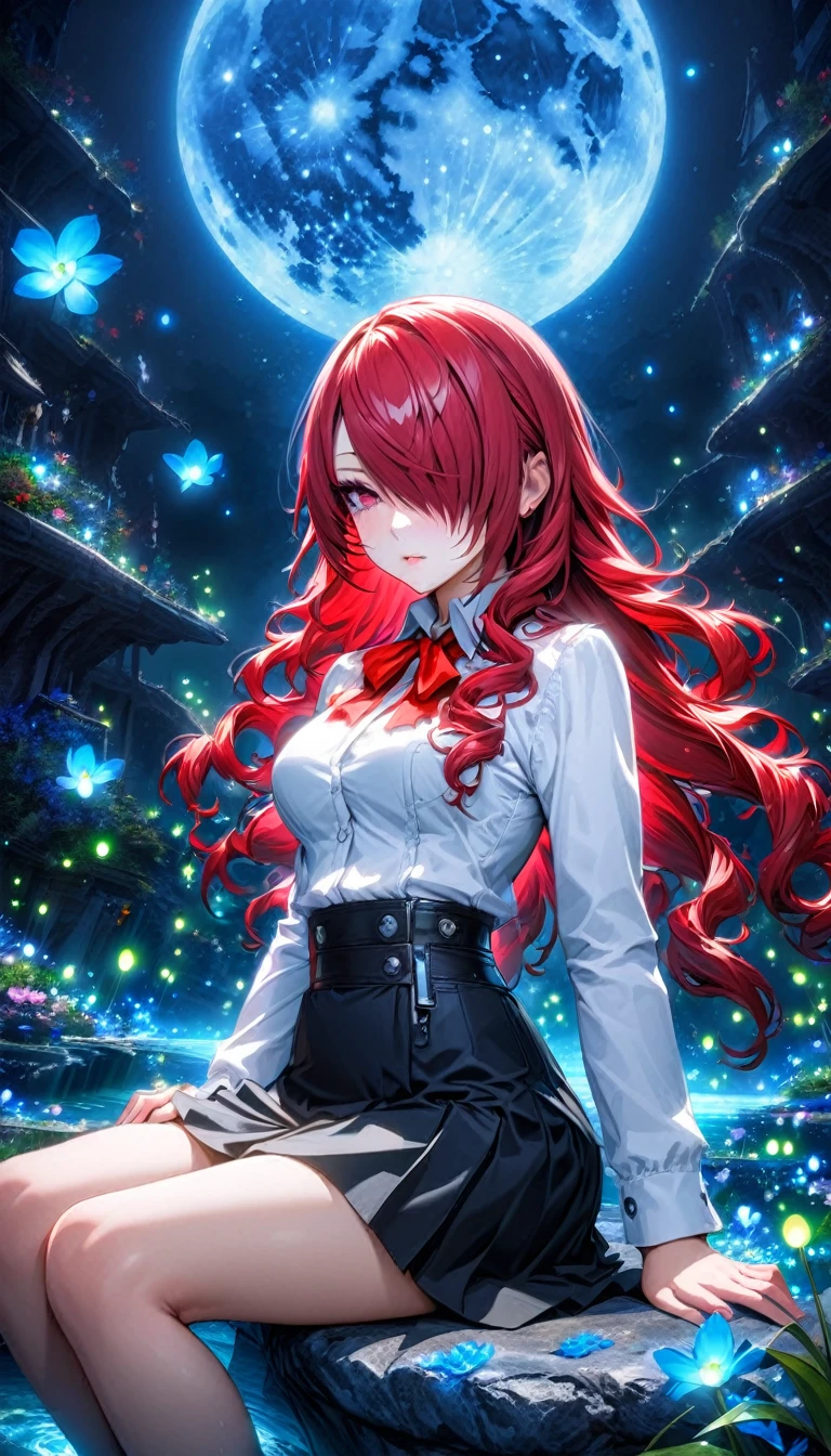 absurdres, highres, ultra detailed, HDR, masterpiece, Kirijo Mitsuru, long red hair, hair over the left eye, expressive red eyes, Persona 3, solo, woman sitting, beautiful, white shirt, red ribbon, black skirt, magical, fantasy, water, blue moon, starry, blue fireflies, blue flowers