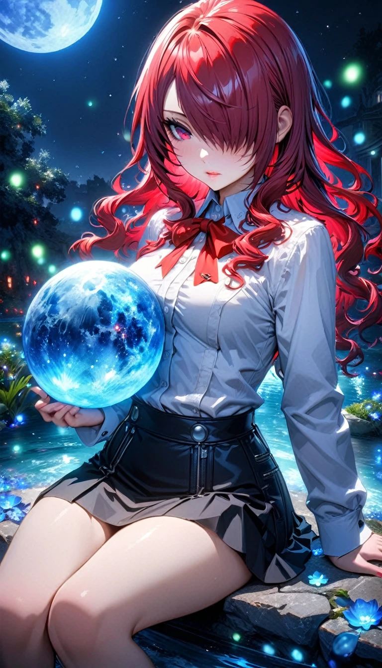 absurdres, highres, ultra detailed, HDR, masterpiece, Kirijo Mitsuru, long red hair, hair over the left eye, expressive red eyes, Persona 3, solo, woman sitting, beautiful, white shirt, red ribbon, black skirt, magical, fantasy, water, blue moon, starry, blue fireflies, blue flowers