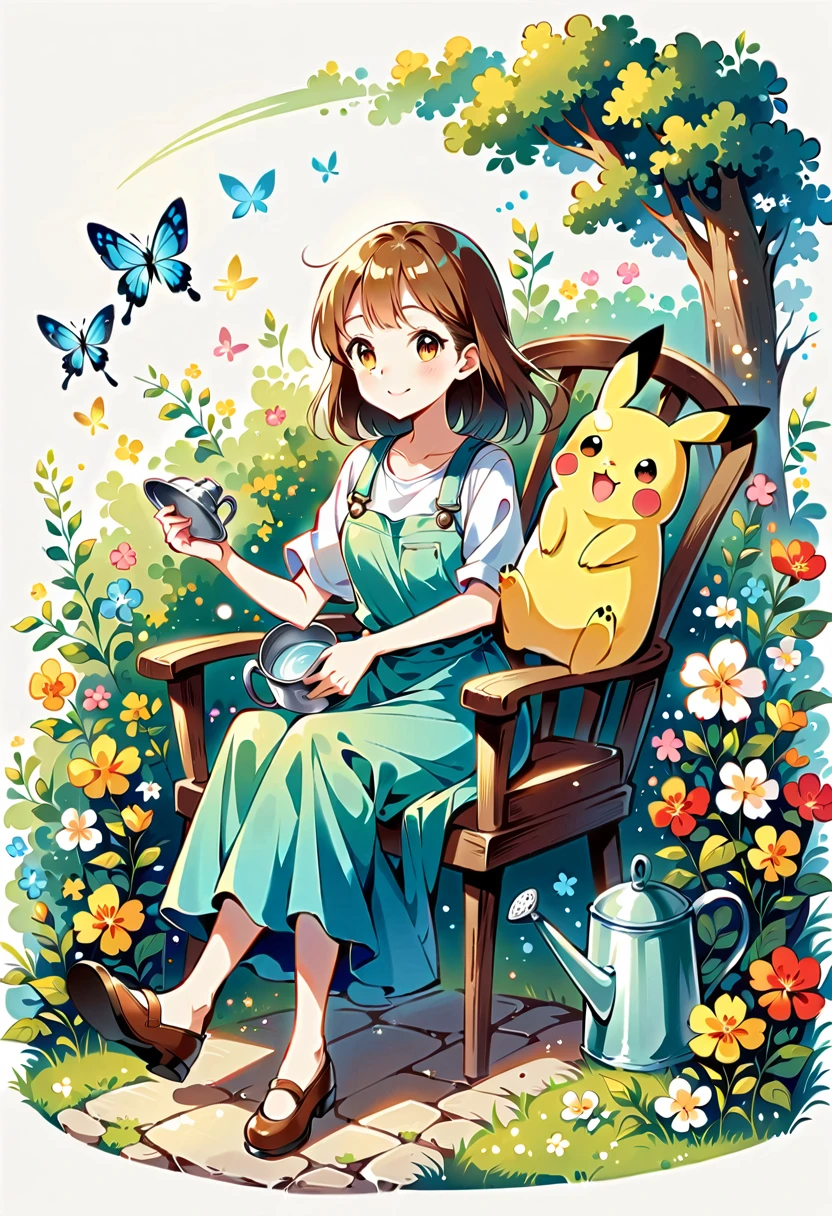 Draw a delightful illustration of Pikachu relaxing in a garden chair. Pikachu should be surrounded by blooming flowers and greenery, sitting comfortably with a smile. Include details like a watering can, garden tools, and butterflies flying around. The overall vibe should be fresh and lively.