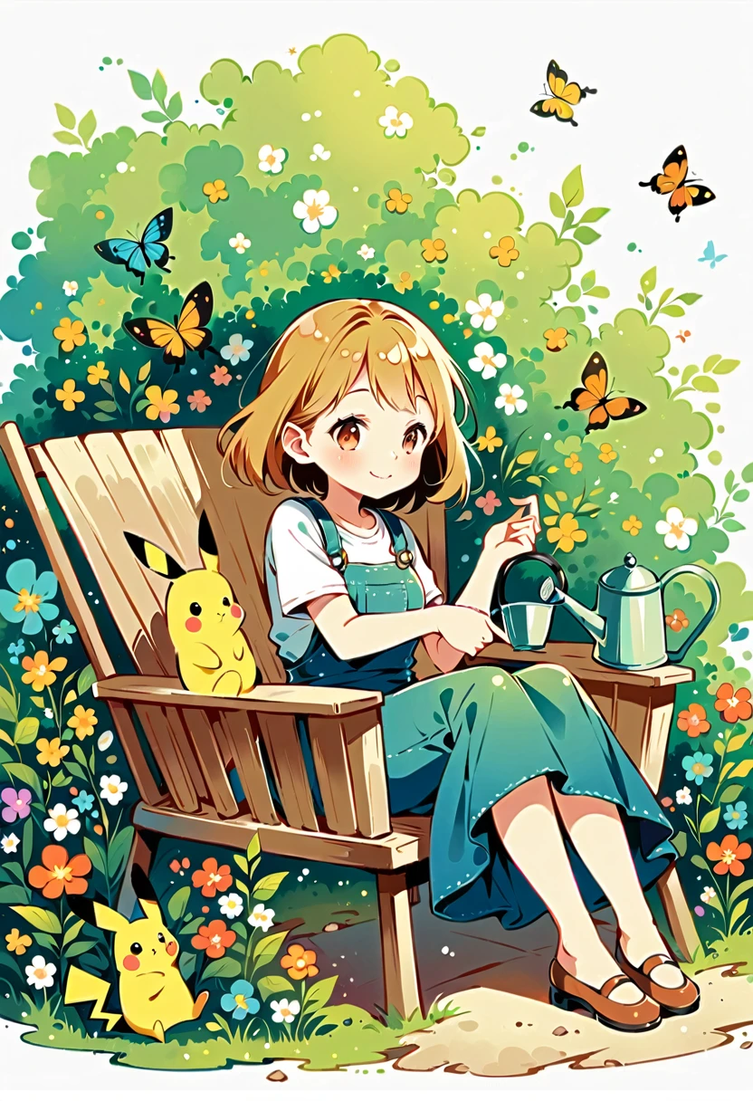 Draw a delightful illustration of Pikachu relaxing in a garden chair. Pikachu should be surrounded by blooming flowers and greenery, sitting comfortably with a smile. Include details like a watering can, garden tools, and butterflies flying around. The overall vibe should be fresh and lively.