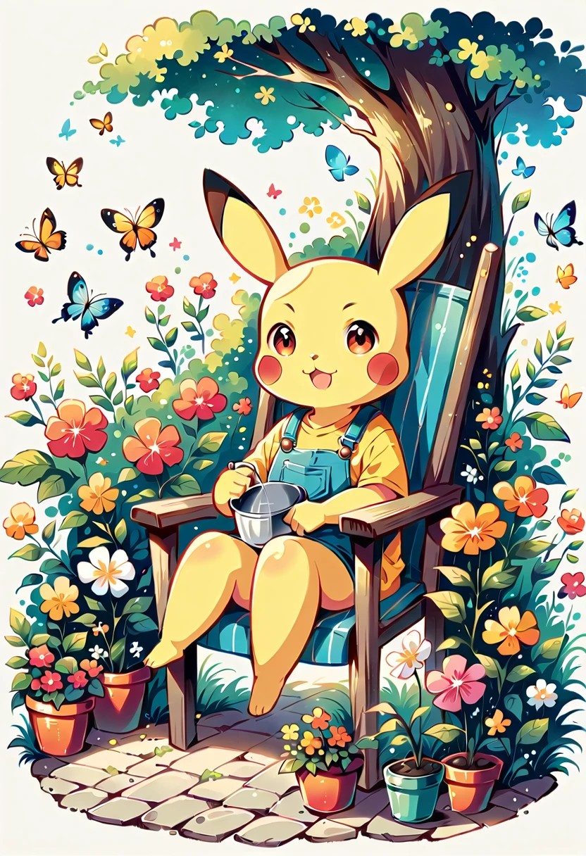 Draw a delightful illustration of Pikachu relaxing in a garden chair. Pikachu should be surrounded by blooming flowers and greenery, sitting comfortably with a smile. Include details like a watering can, garden tools, and butterflies flying around. The overall vibe should be fresh and lively.