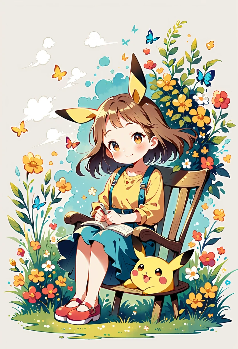 Draw a delightful illustration of Pikachu relaxing in a garden chair. Pikachu should be surrounded by blooming flowers and greenery, sitting comfortably with a smile. Include details like a watering can, garden tools, and butterflies flying around. The overall vibe should be fresh and lively.