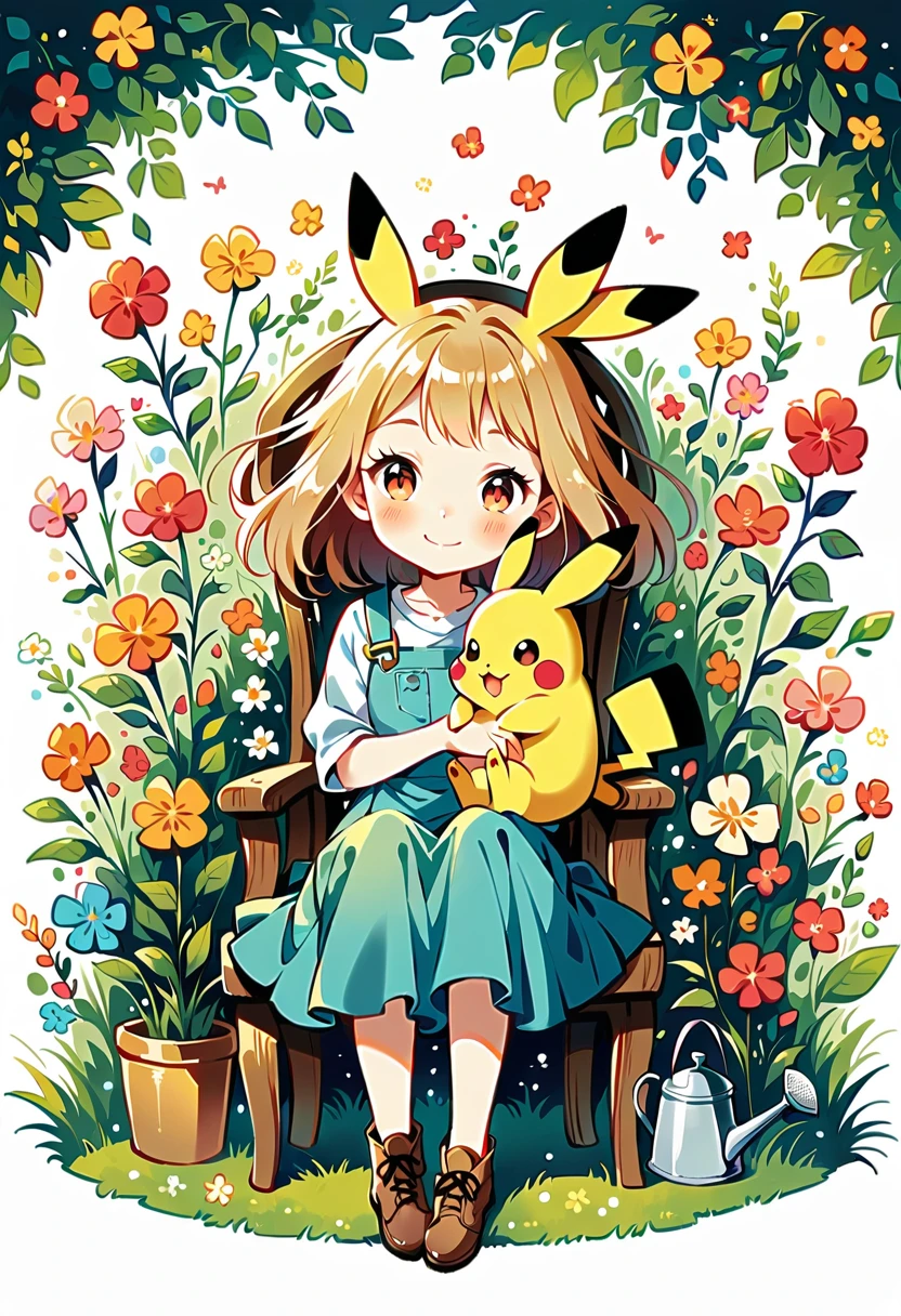 Draw a delightful illustration of Pikachu relaxing in a garden chair. Pikachu should be surrounded by blooming flowers and greenery, sitting comfortably with a smile. Include details like a watering can, garden tools, and butterflies flying around. The overall vibe should be fresh and lively.