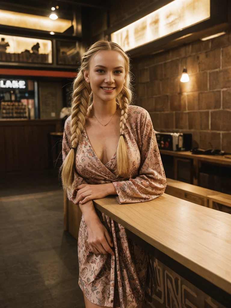 solo, realistic, photorealistic, natural lighting, (large forehead, (((Latvian woman))), (((Latvian nose))), (((Latvian eyes))), (((blonde))), (((braids))), (((Latvian face))), (((Latvian lips))), (((Latvian body))), (((fair complexion))) smiling, wearing Kimono Sleeve Dress, cleavage, pose: standing, background: This nightclub is a haven for streetwear and sneaker enthusiasts, with displays of limited-edition sneakers and streetwear collaborations. The atmosphere is urban and stylish, with graffiti art and industrial decor. The music is a mix of hip-hop, trap, and rap, and the club hosts fashion shows, sneaker swap events, and streetwear pop-up shops.