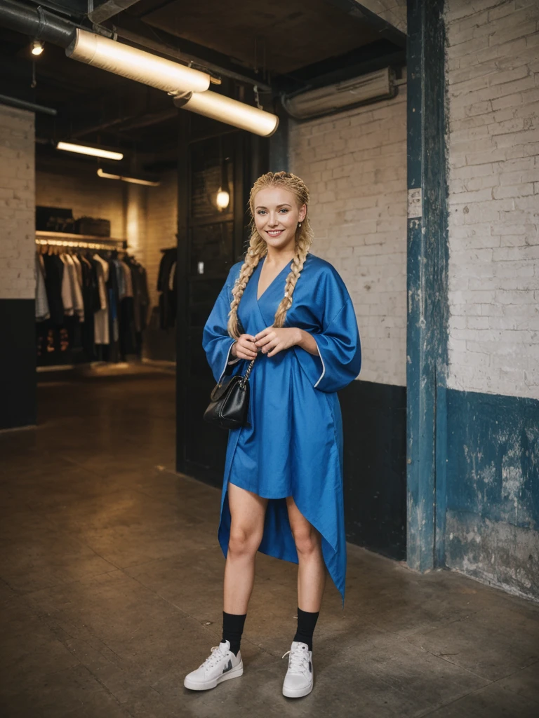solo, realistic, photorealistic, natural lighting, (large forehead, (((Latvian woman))), (((Latvian nose))), (((Latvian eyes))), (((blonde))), (((braids))), (((Latvian face))), (((Latvian lips))), (((Latvian body))), (((fair complexion))) smiling, wearing Kimono Sleeve Dress, cleavage, pose: standing, background: This nightclub is a haven for streetwear and sneaker enthusiasts, with displays of limited-edition sneakers and streetwear collaborations. The atmosphere is urban and stylish, with graffiti art and industrial decor. The music is a mix of hip-hop, trap, and rap, and the club hosts fashion shows, sneaker swap events, and streetwear pop-up shops.
